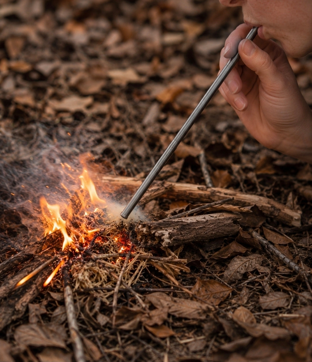 Fire Starter Bellows directing air onto a campfire